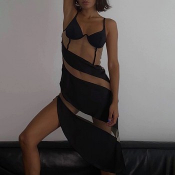 Cryptographic Fashion Stripe Mesh Sheer Midi Dress Straps 2020 Fall Backless Sleeveless Women's Dresses Split V-Neck Black Dress